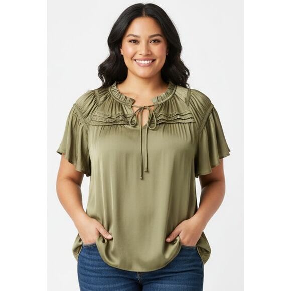 Lane Bryant Tops - Lane Bryant Women 18/20 2x Olive Green Lightweight Flutter Sleeve Blouse NEW